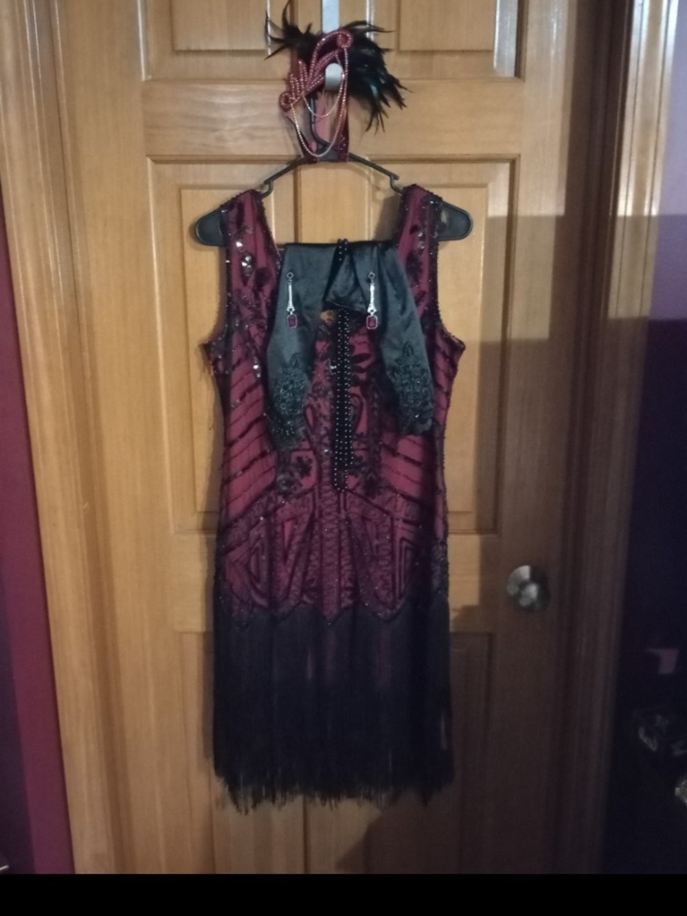 Vintage-Inspired Burgundy Beaded Fringe Dress